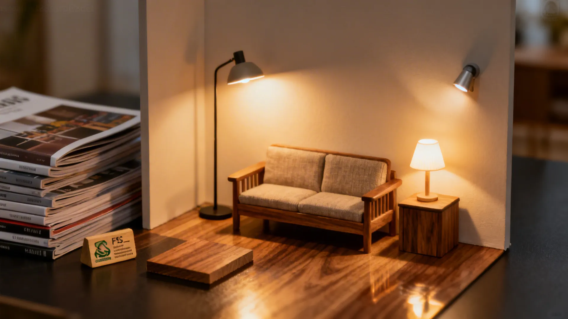 Layered lighting grazing a wooden sofa with warm reflections enhancing spaciousness.