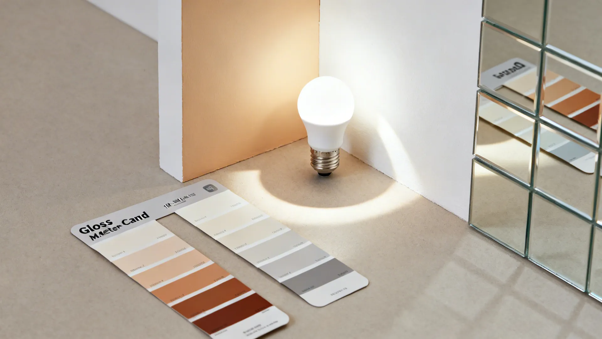 Flat lay with high-LRV paint swatches, LED bulb, and a mirror tile reflecting light.
