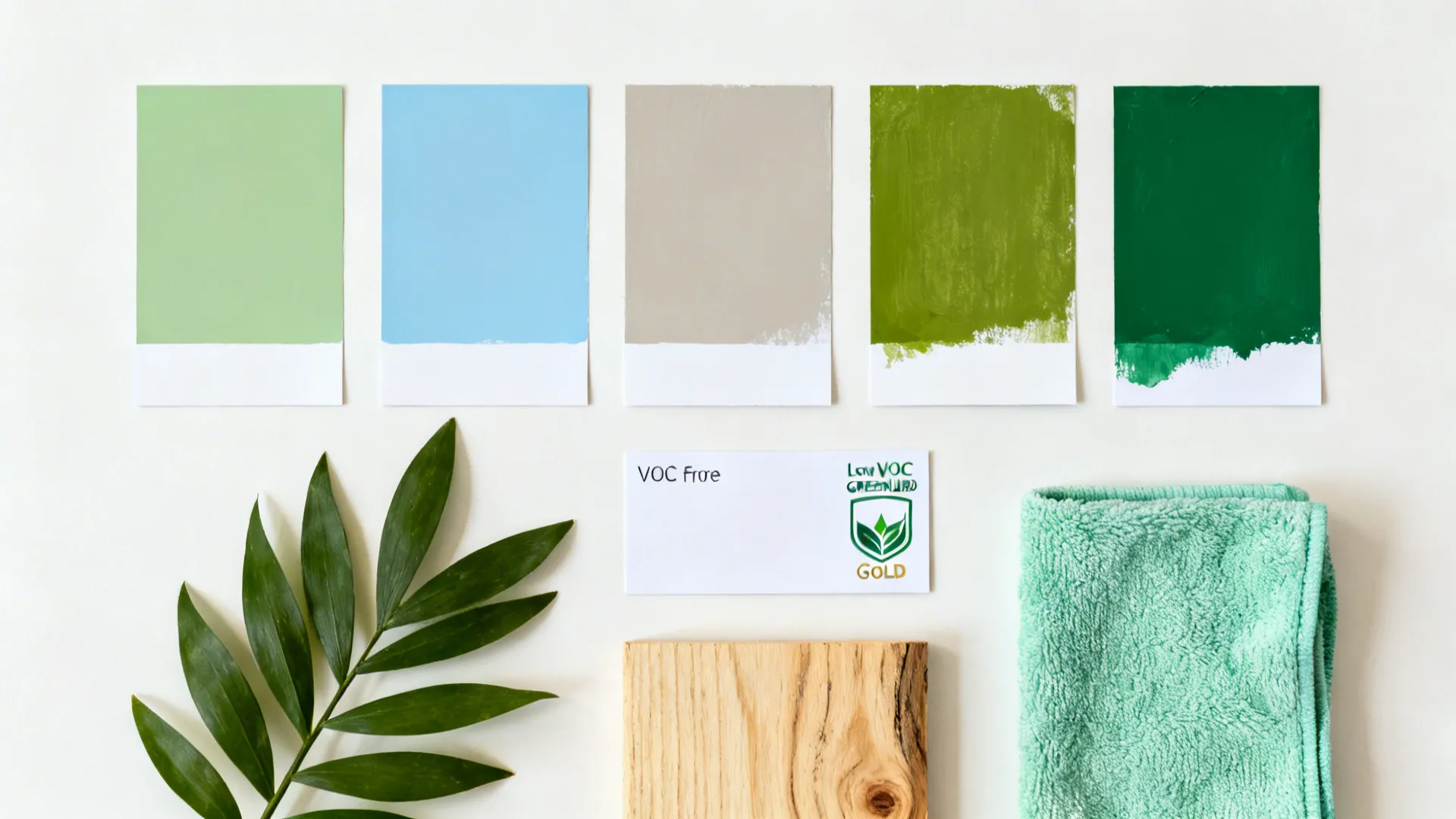 Flat lay of green, blue, and greige paint swatches with natural wood sample suggesting low-VOC choices.