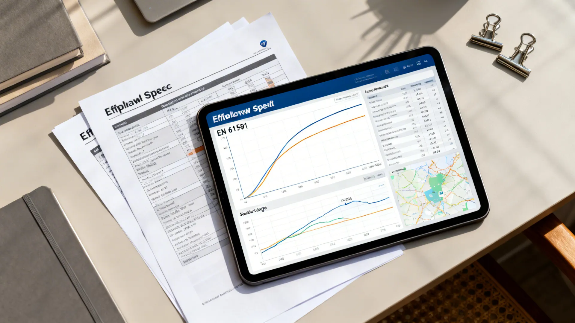 Top-down desk scene with airflow charts and noise data informing chimney choices.