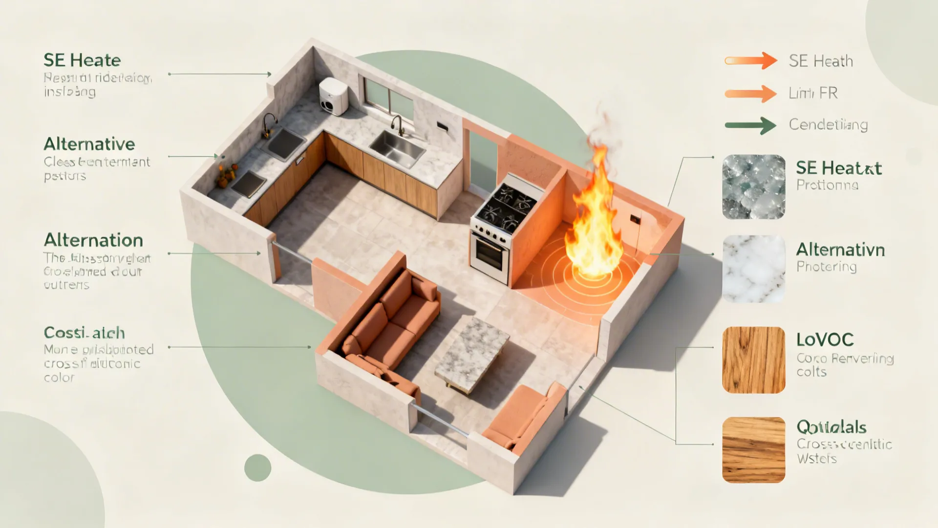 Top-down graphic showing SE heat, cross-vent paths, and low-VOC material choices.
