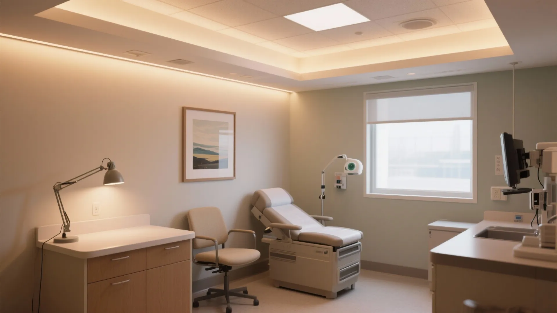 Patient-centered exam room with layered warm lighting, comfortable seating, and artwork
