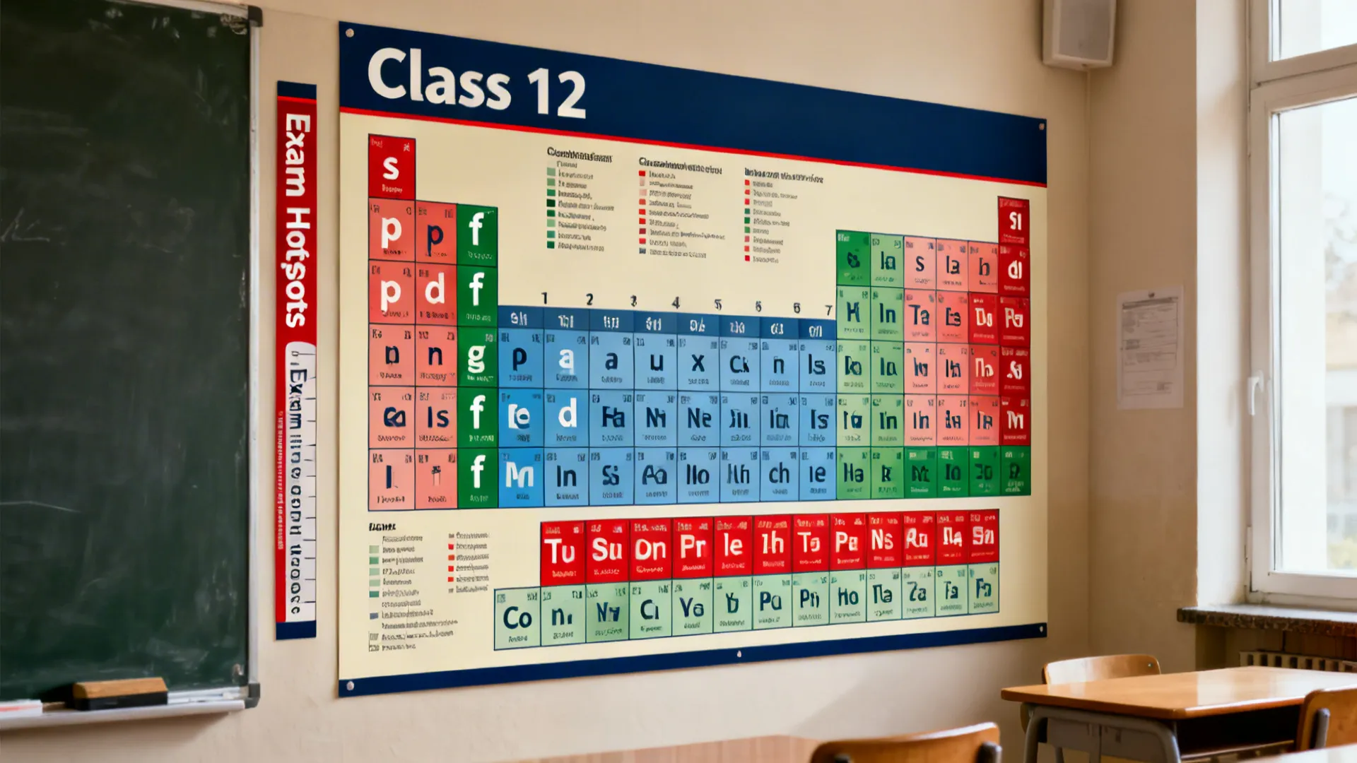 Color-coded periodic table for Class 12 with blocks and trend highlights near the board.