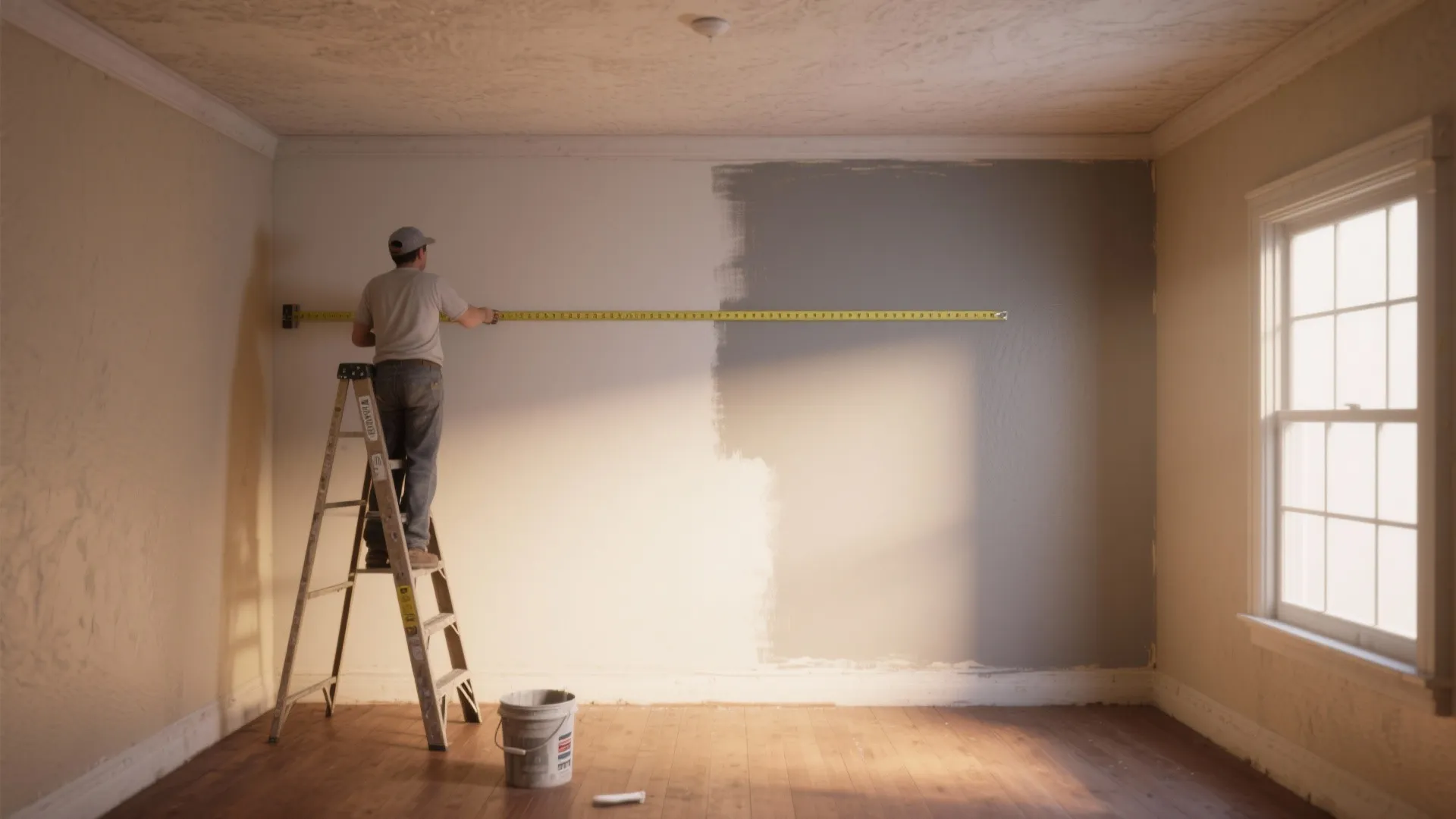 Eye-level view of a 12x12 room with a painter measuring walls and subtle one-coat vs two-coat differences.