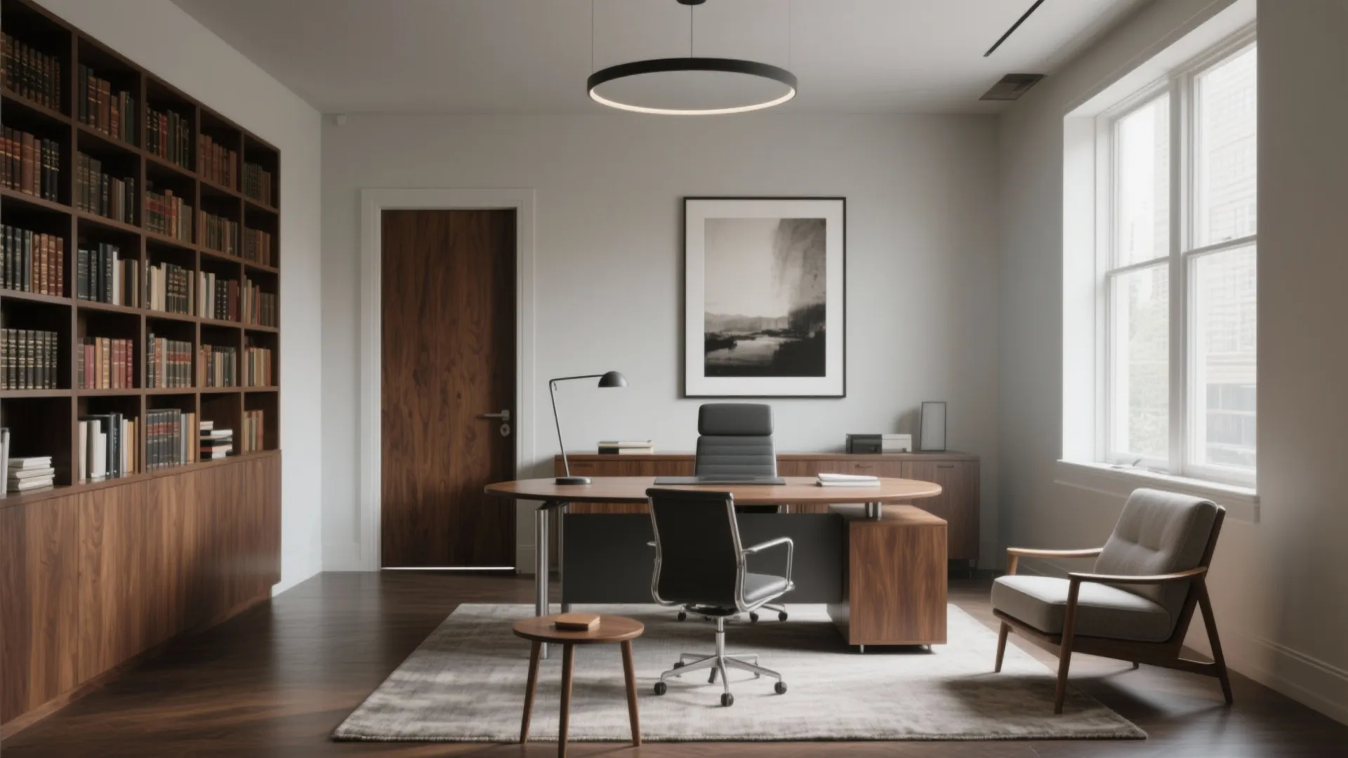 Modern office interior with wooden bookshelf large desk leather chairs round ceiling light and window