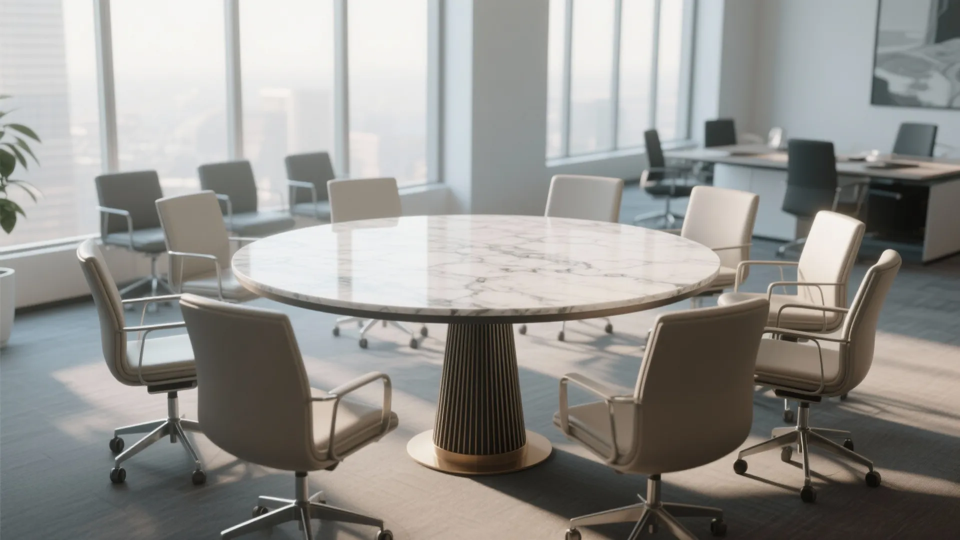 Round marble meeting table in airy office