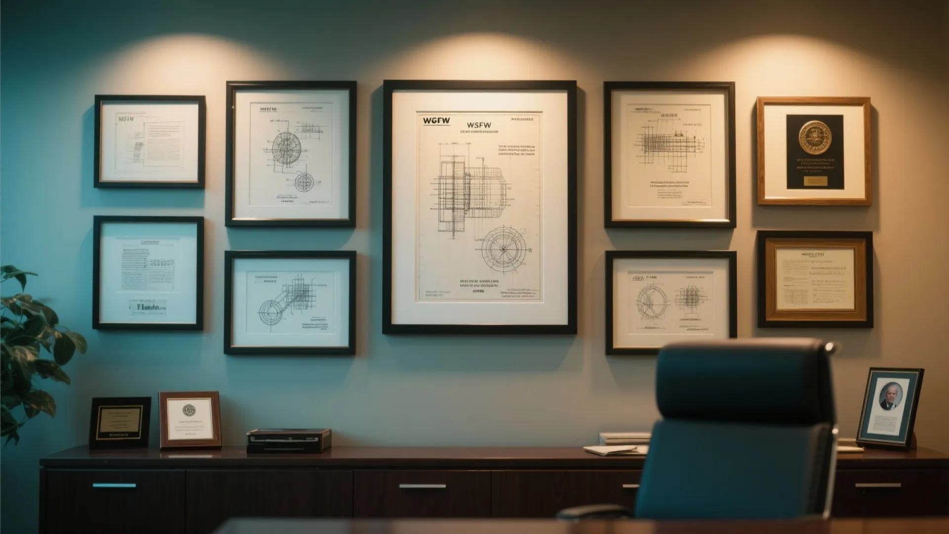 Dark wood office cabinet with framed interior design drawing gallery wall and black leather office chair