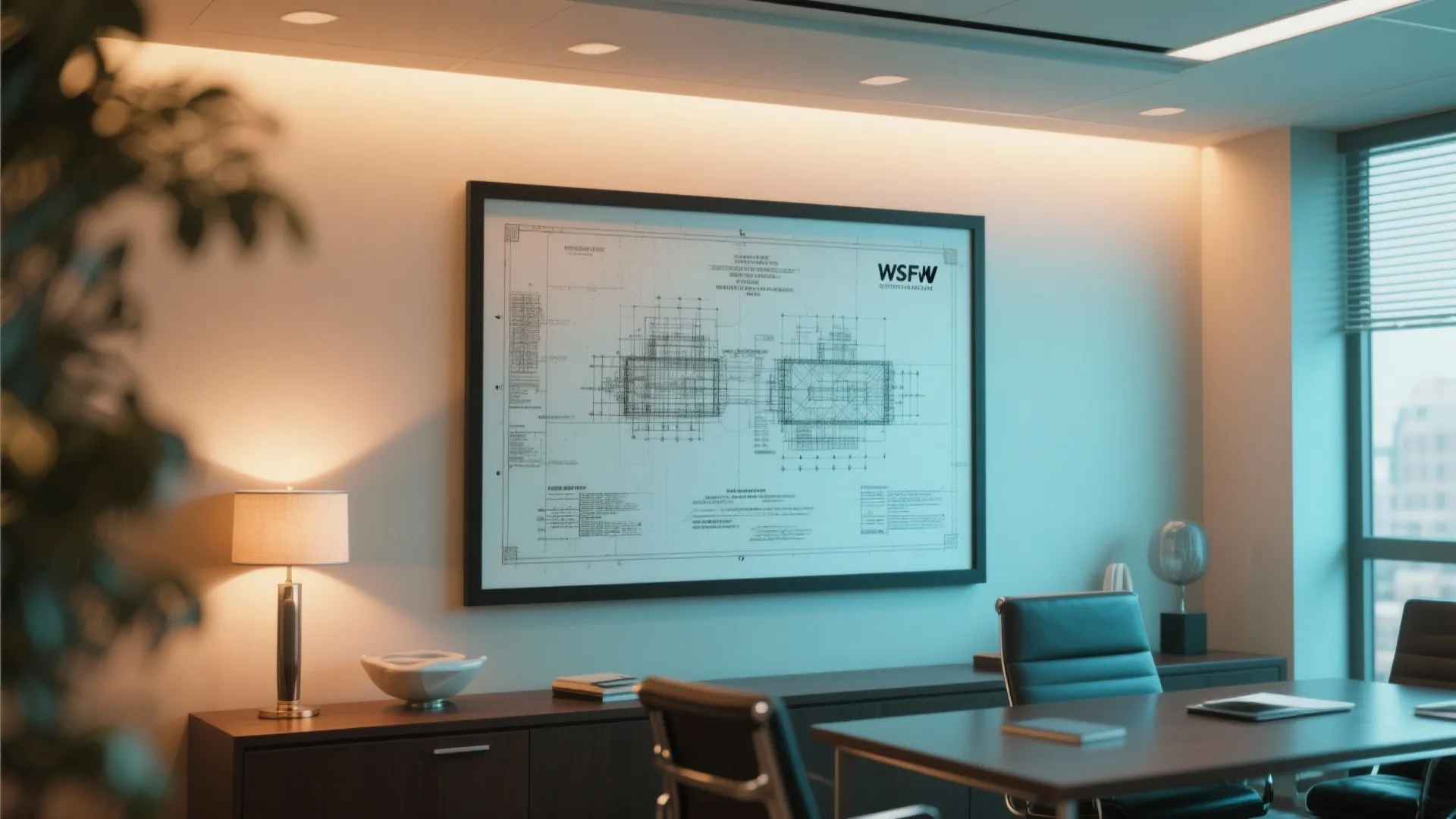 Large interior design drawing framed on office wall with desk table and warm light lamp