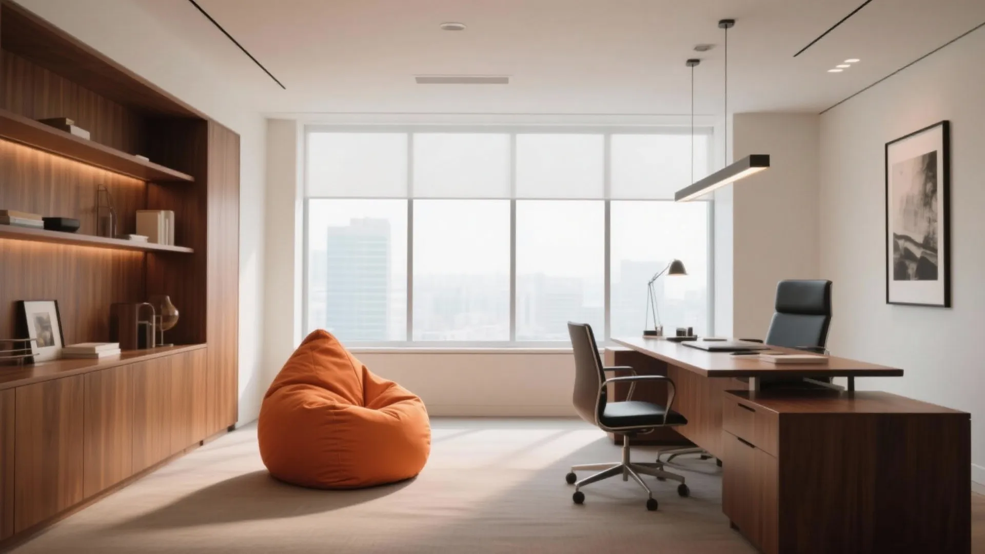 Modern office interior with large desk black chair orange beanbag chair and wooden wall cabinet