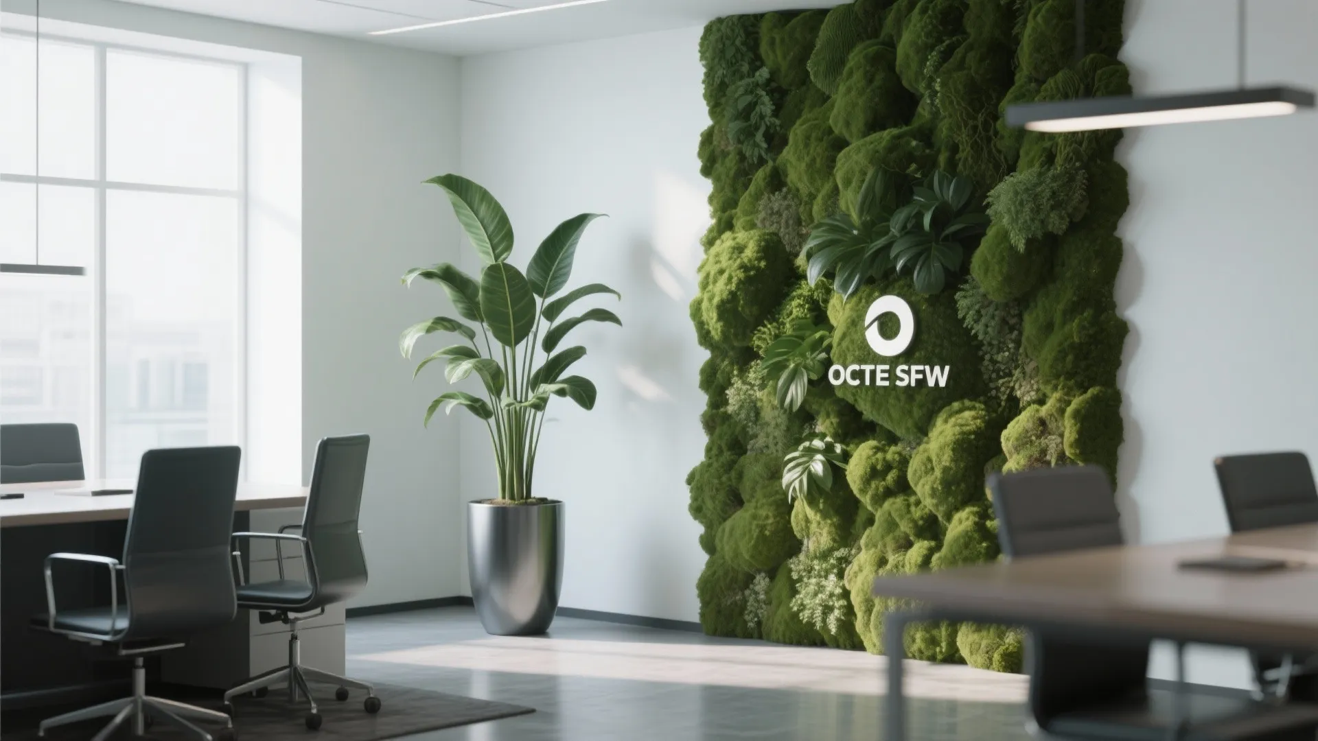 Executive office with ZZ plant and moss wall