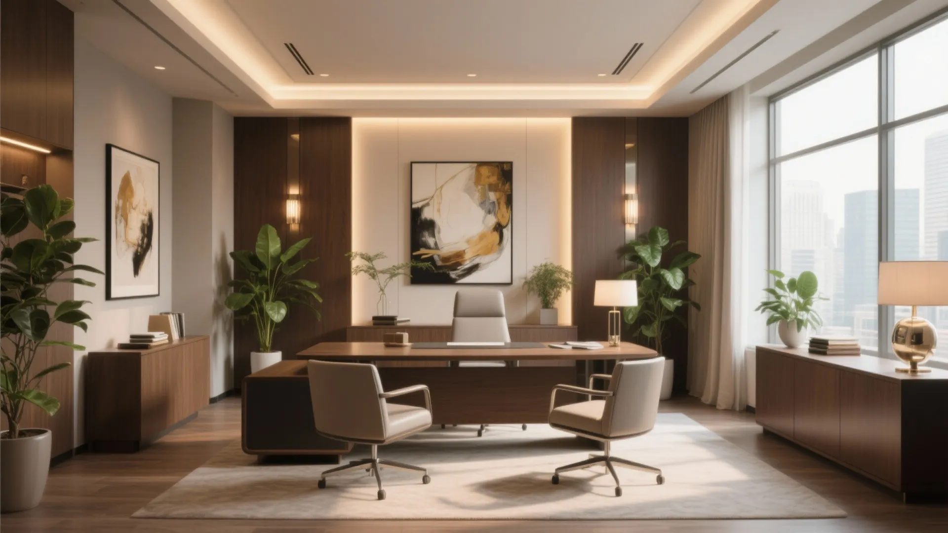 Modern executive office with wooden desk beige chairs large windows wall art and indoor plants