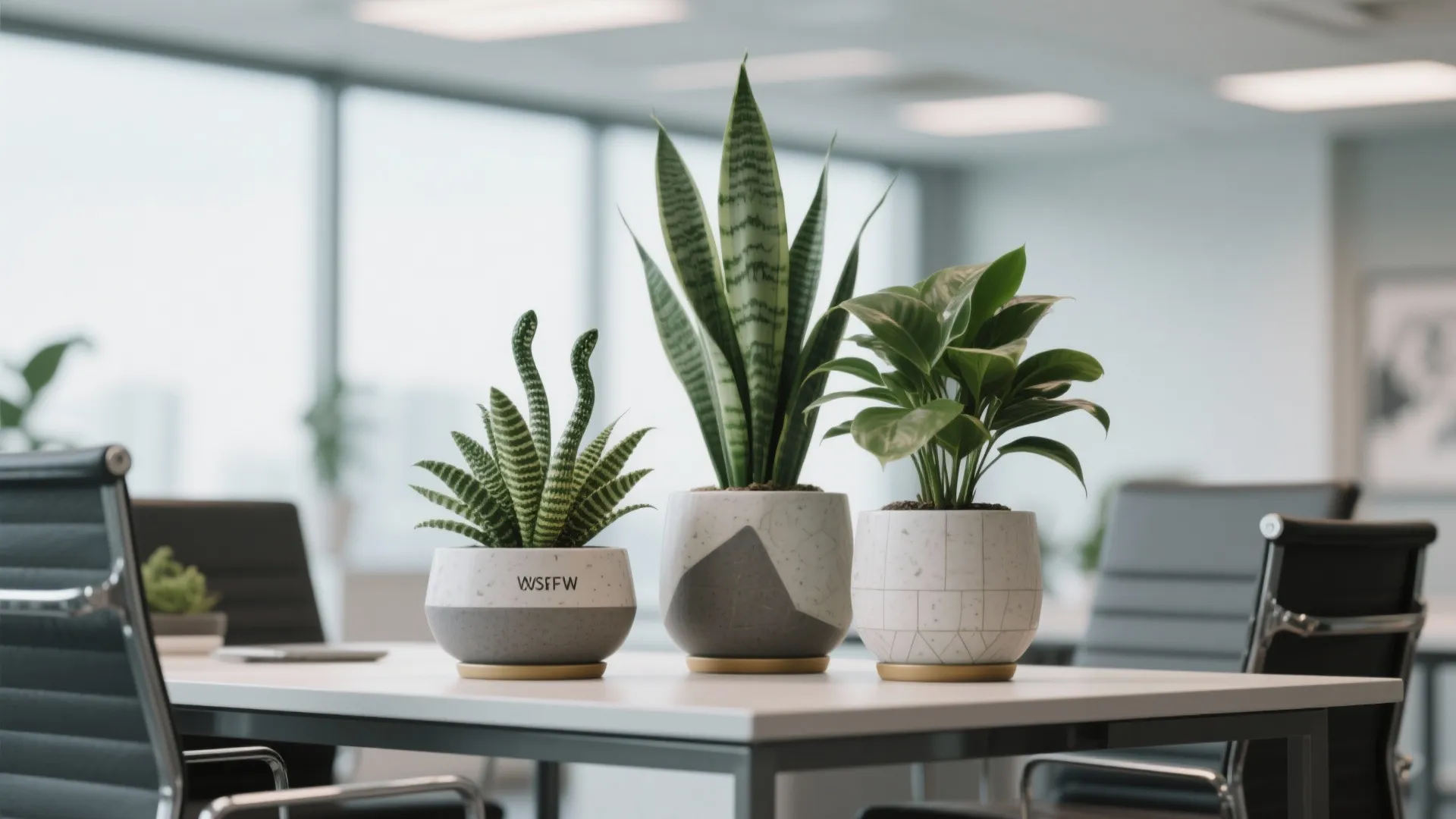 Three small green indoor plants in white pots on a white desk in bright office