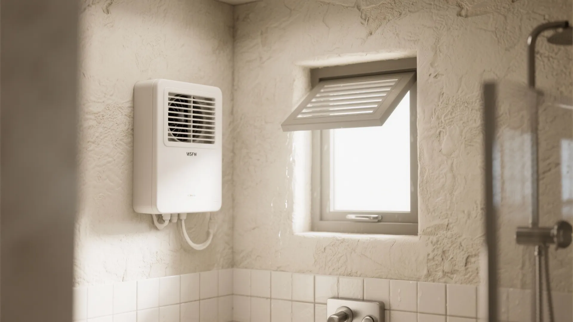 White wall fan mounted next to a small open window in a bathroom for ventilation