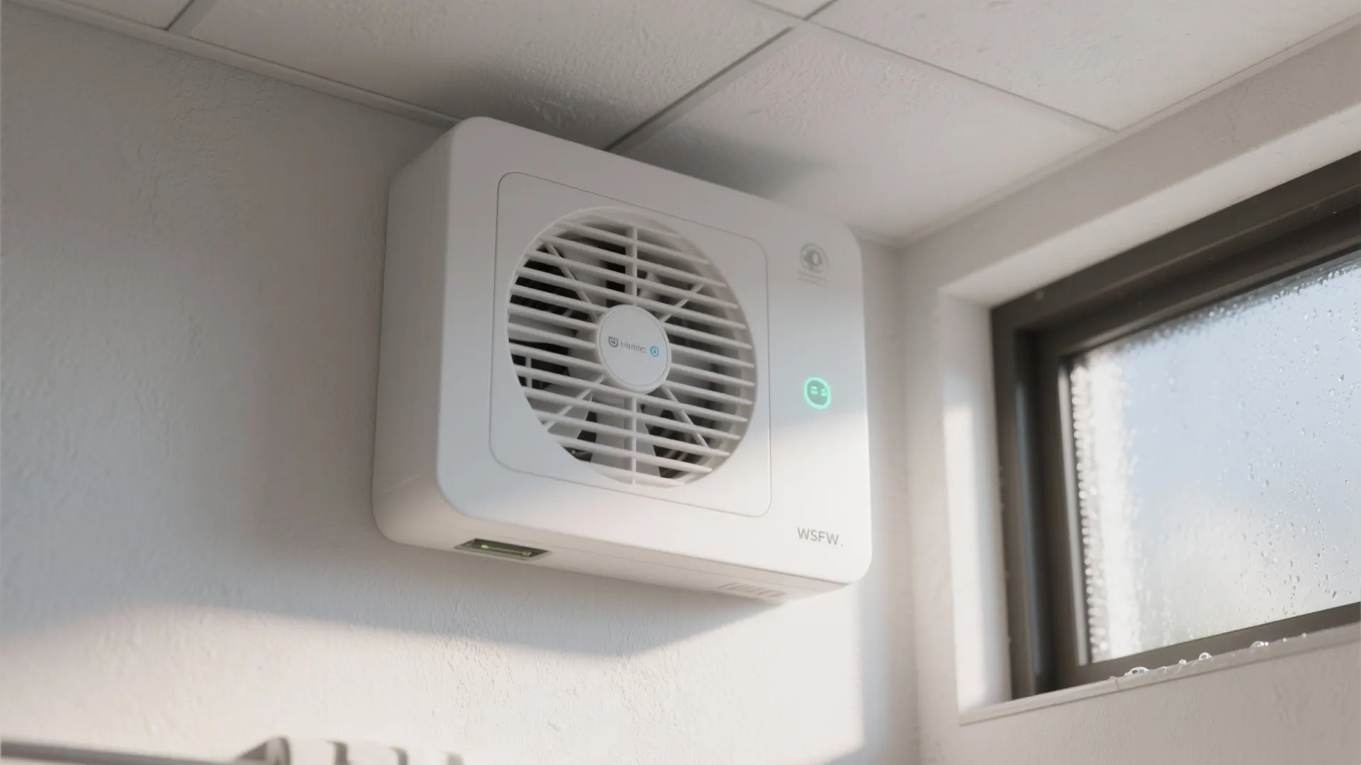 White wall mounted air fan with round cover next to a window with water drops