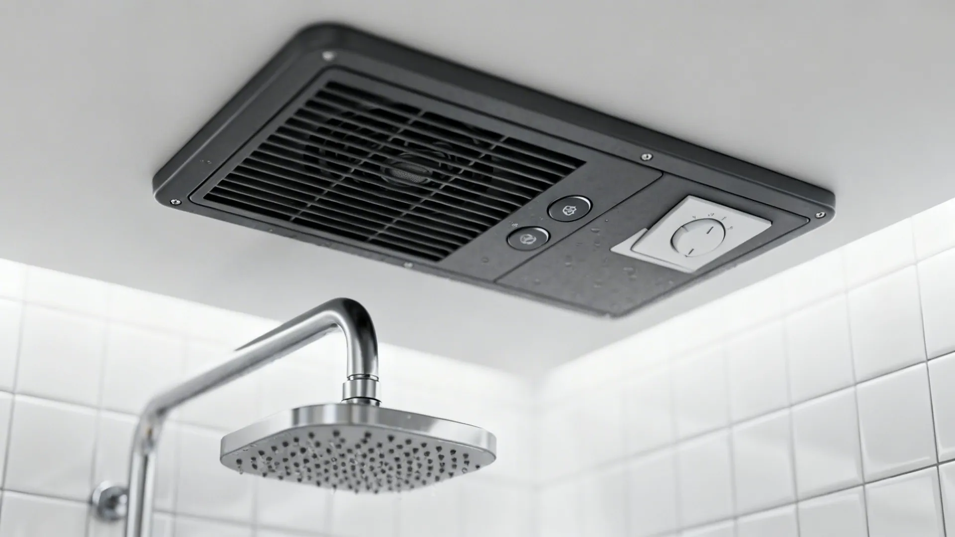 Humidity-sensing exhaust fan and timer switch installed in a windowless small bathroom.