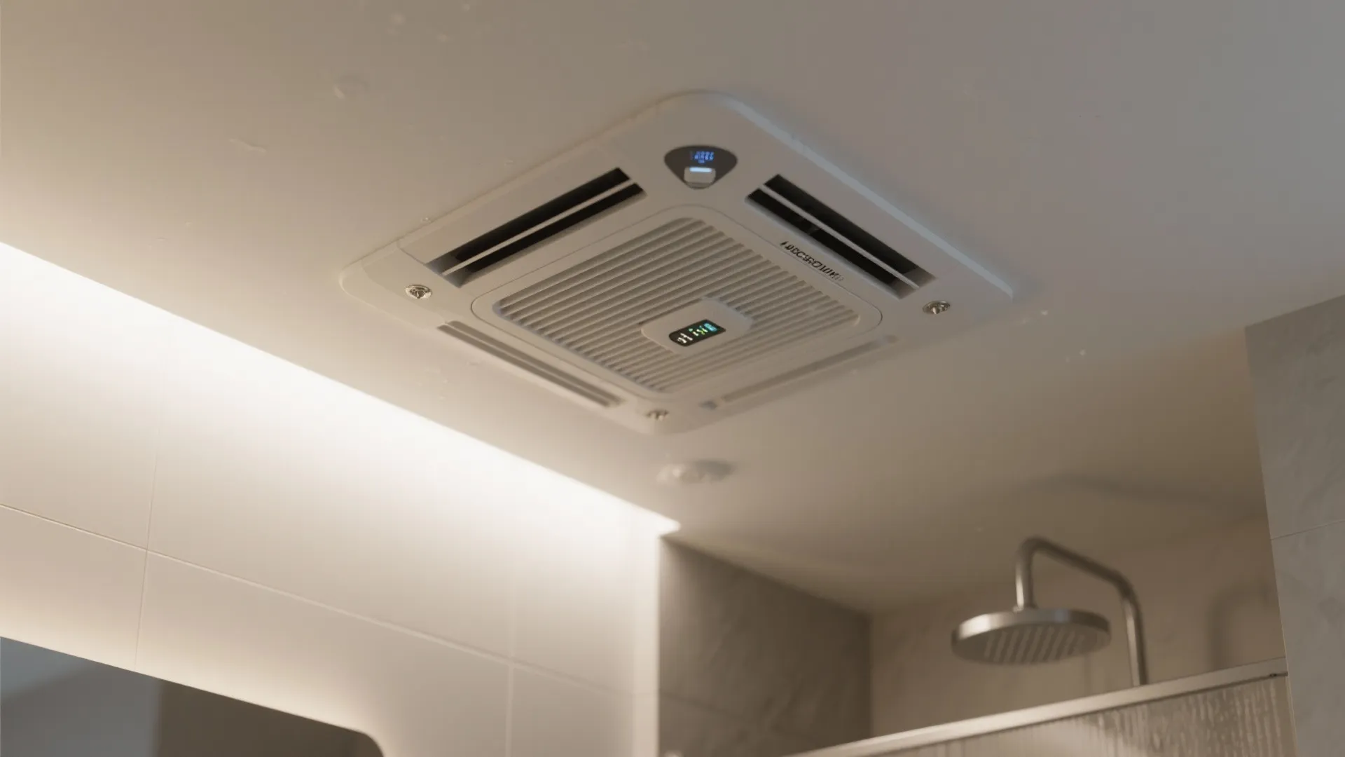 Modern white bathroom ceiling fan with digital display installed near a shower head and mirror