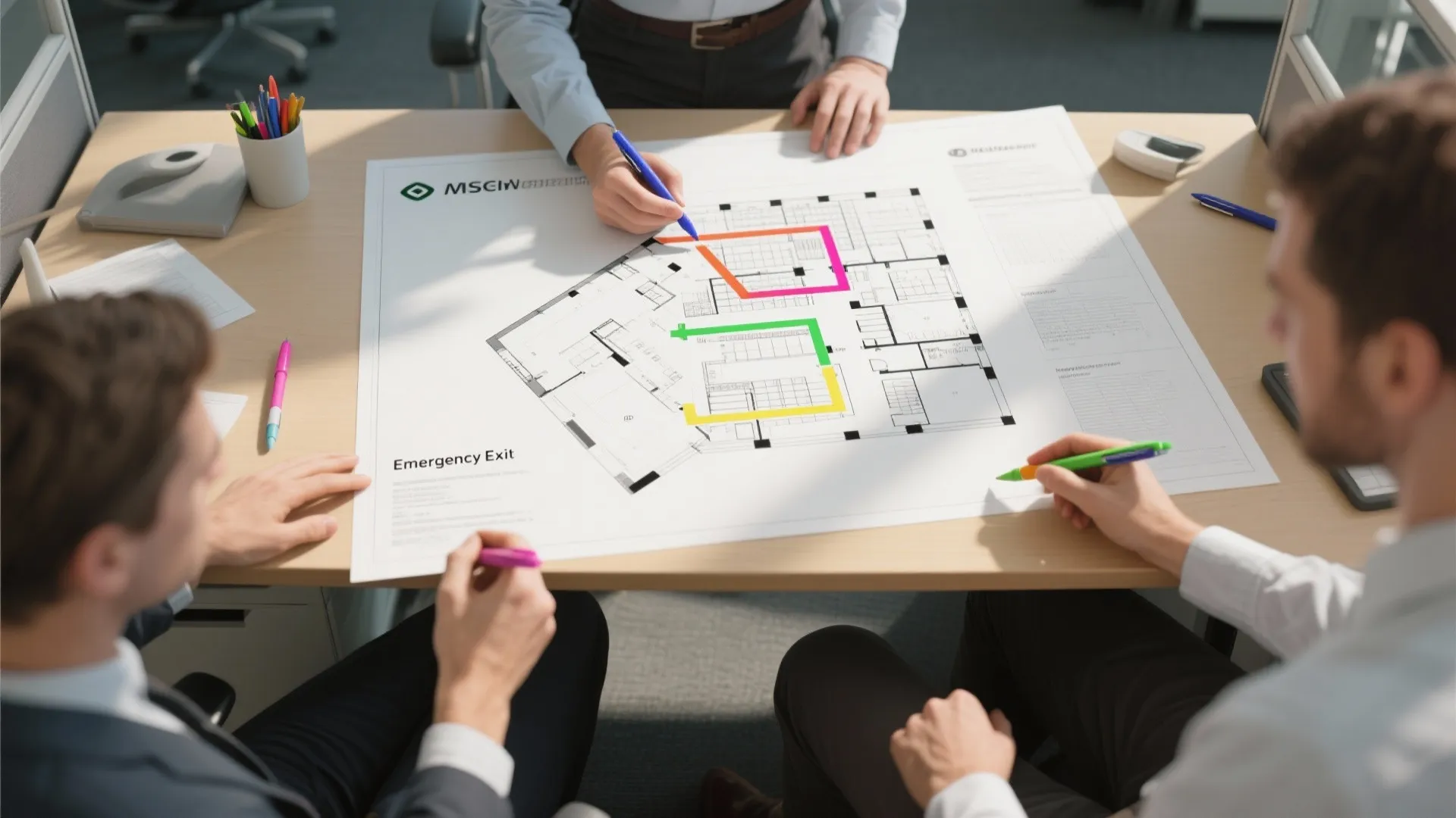 Office colleagues using colored pens to mark emergency exit routes on a large floor plan layout