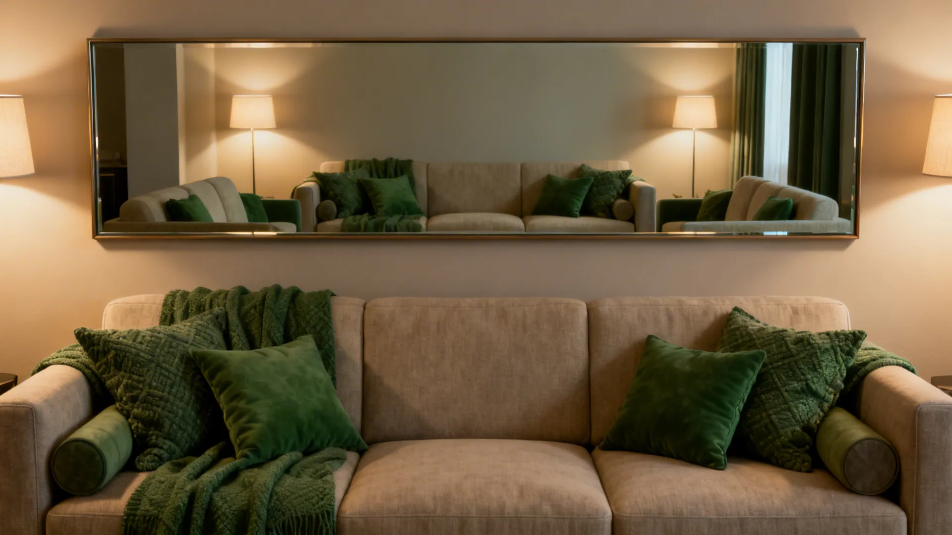 Beige sofa with green pillows reflected in a long horizontal mirror hanging on the wall