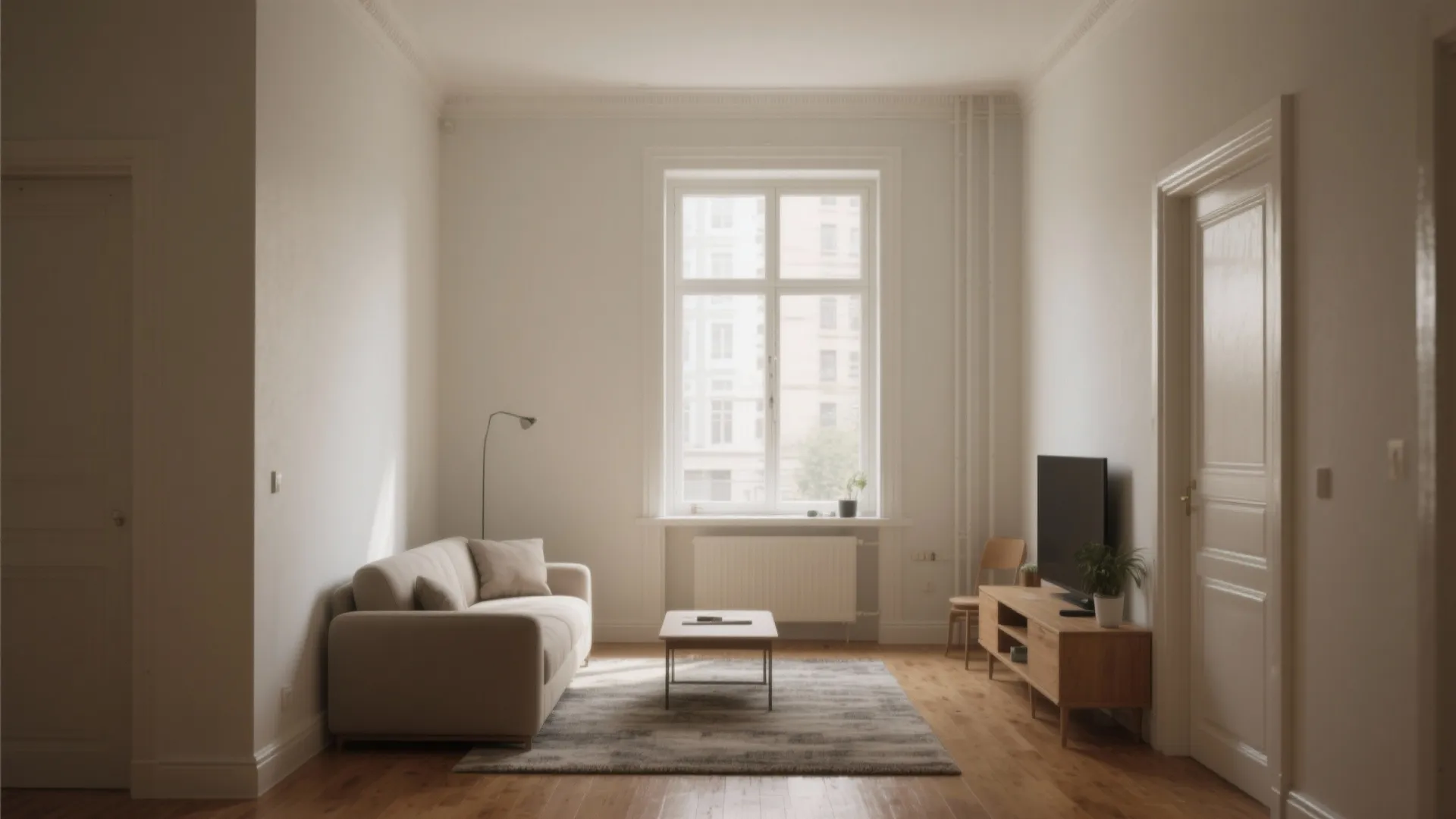 Minimalist living room featuring a beige sofa wooden cabinet coffee table rug and a window