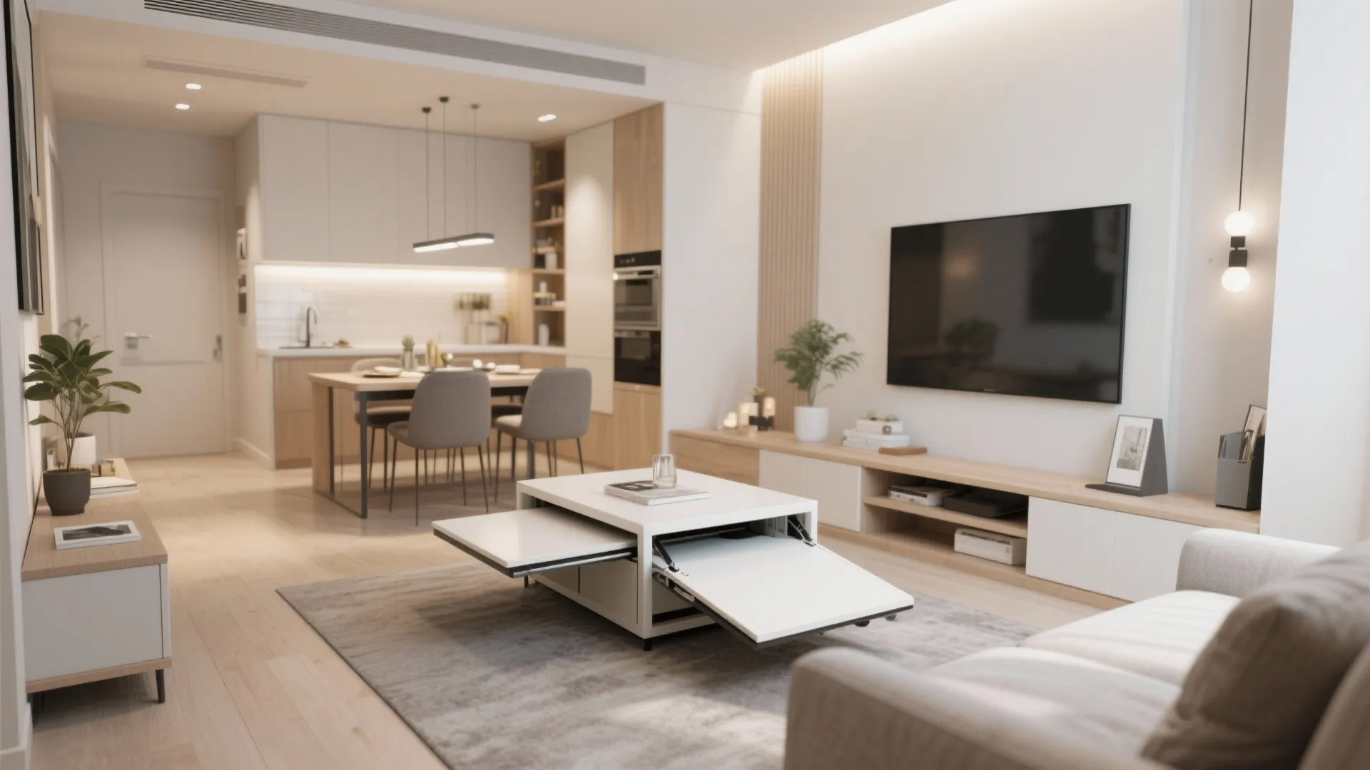 Convertible coffee table that transforms into dining height in a small apartment