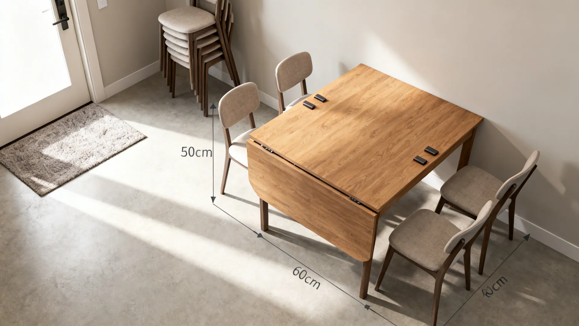 Top-down view of a drop-leaf console expanded into a dining table with clear chair clearance.