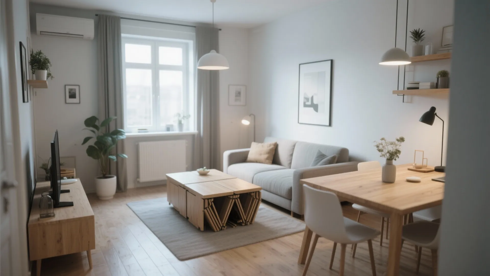 Modern open plan living room with wooden dining table and white chairs beside grey sofa