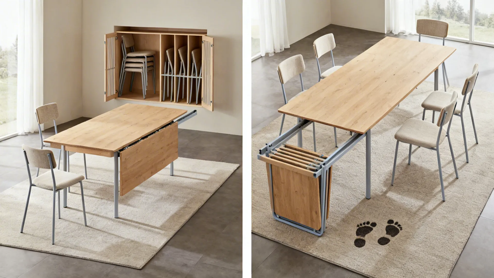 Comparison of a small wooden dining table versus an extended large table with extra chairs