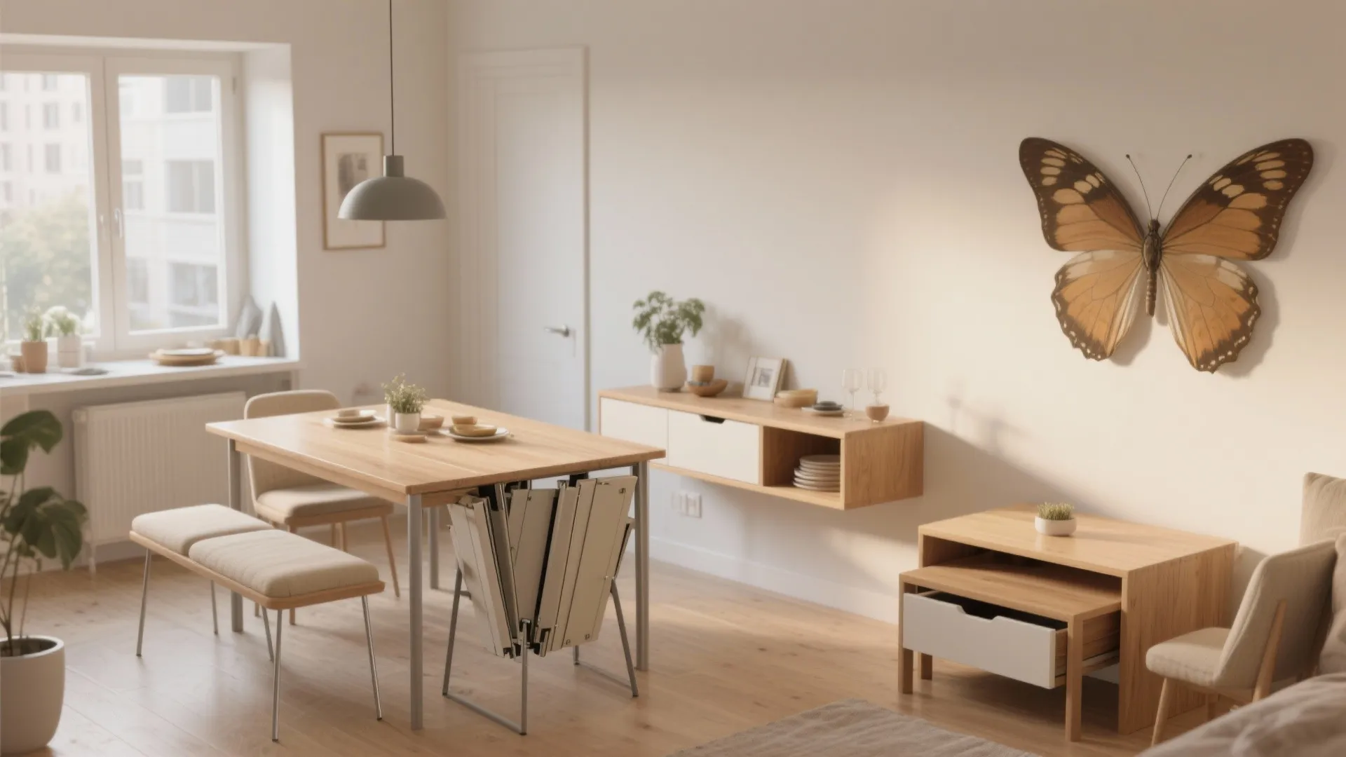 Modern dining room with wooden table bench chairs ceiling light and large butterfly wall art
