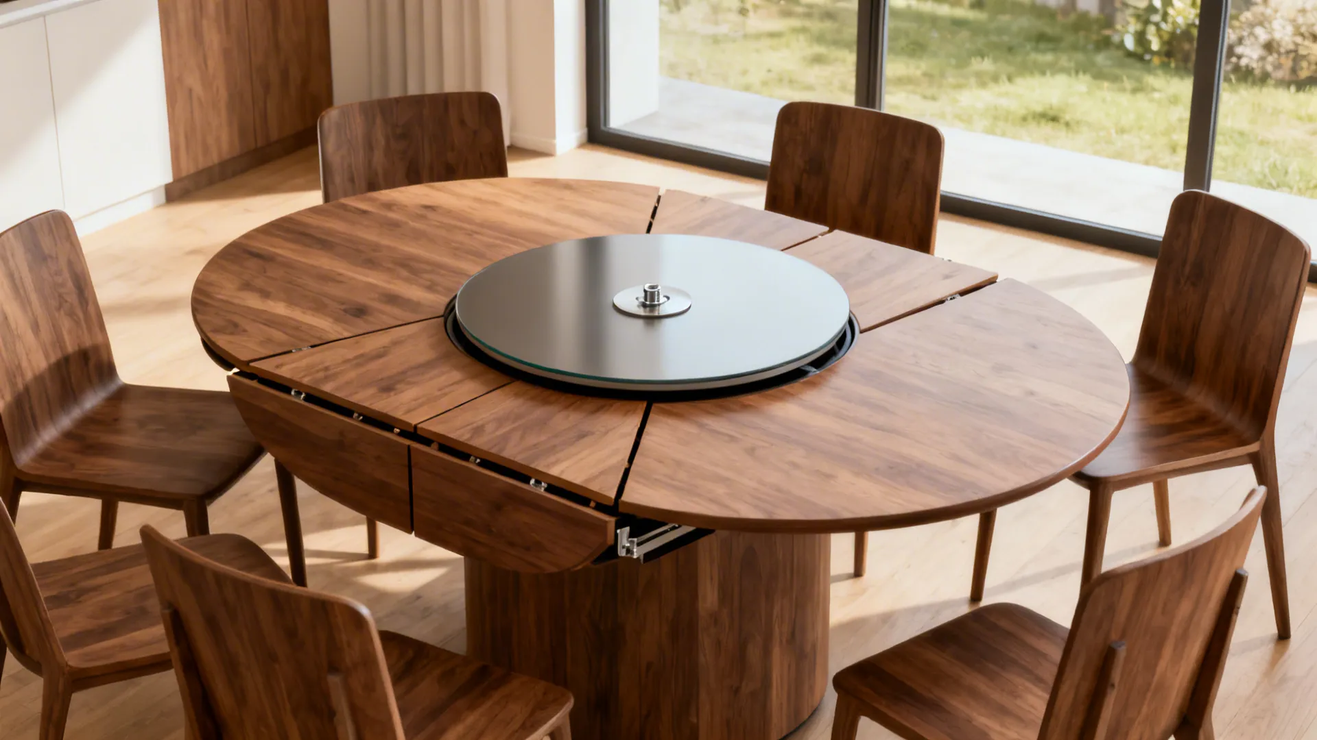 Round wooden expandable dining table with a glass center piece and several matching wooden chairs