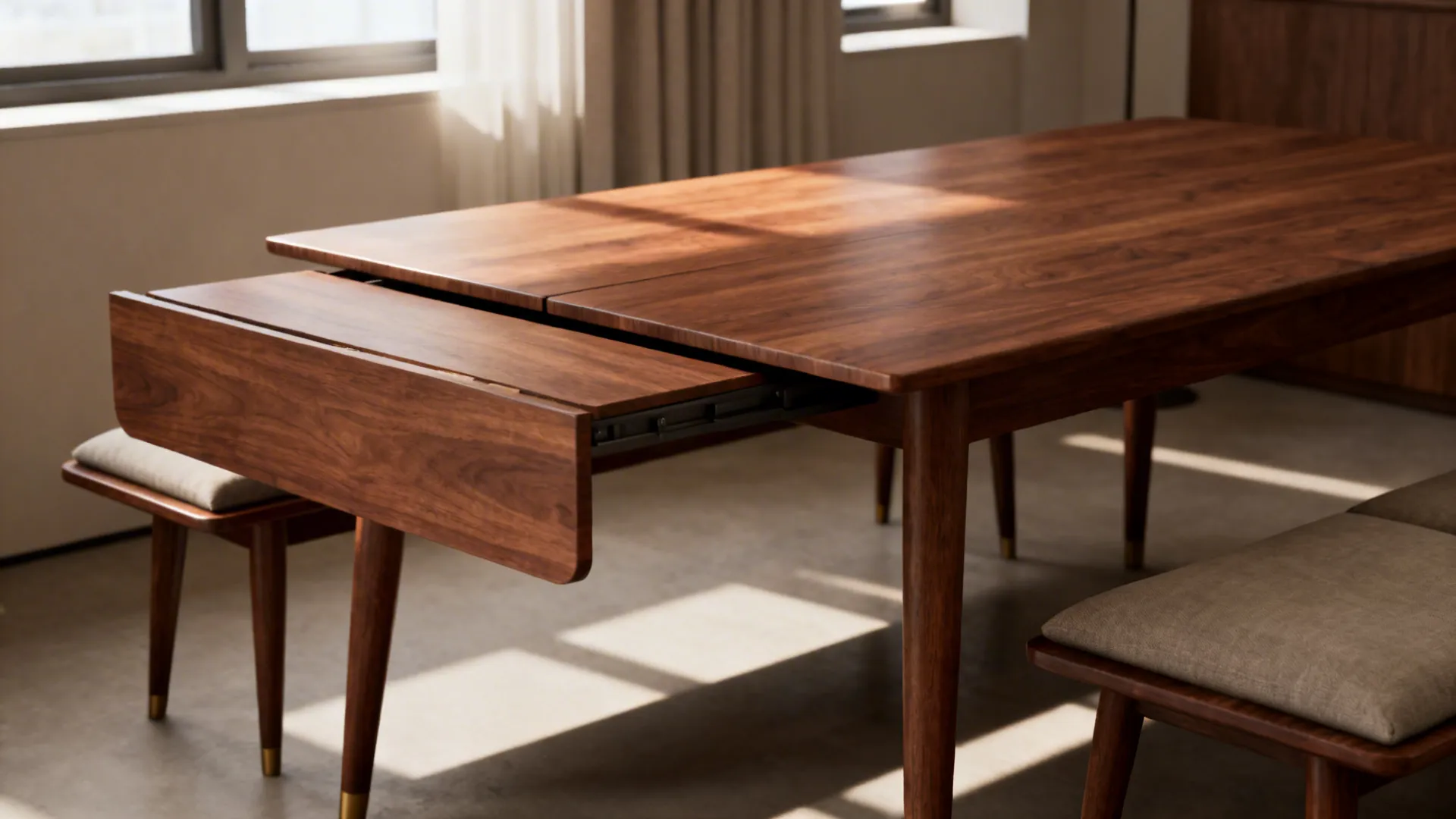 Expandable mid-century dining table with a bench tucked under in a compact studio.