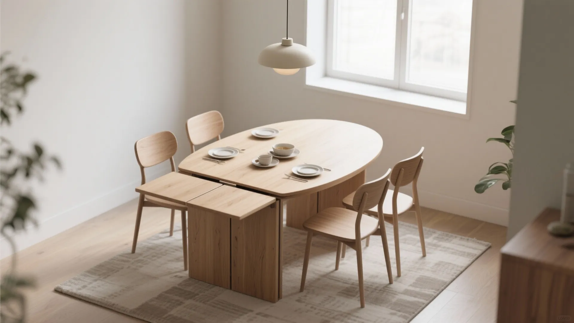 Oval wooden dining table with extension leaf light wood chairs ceiling light and neutral rug