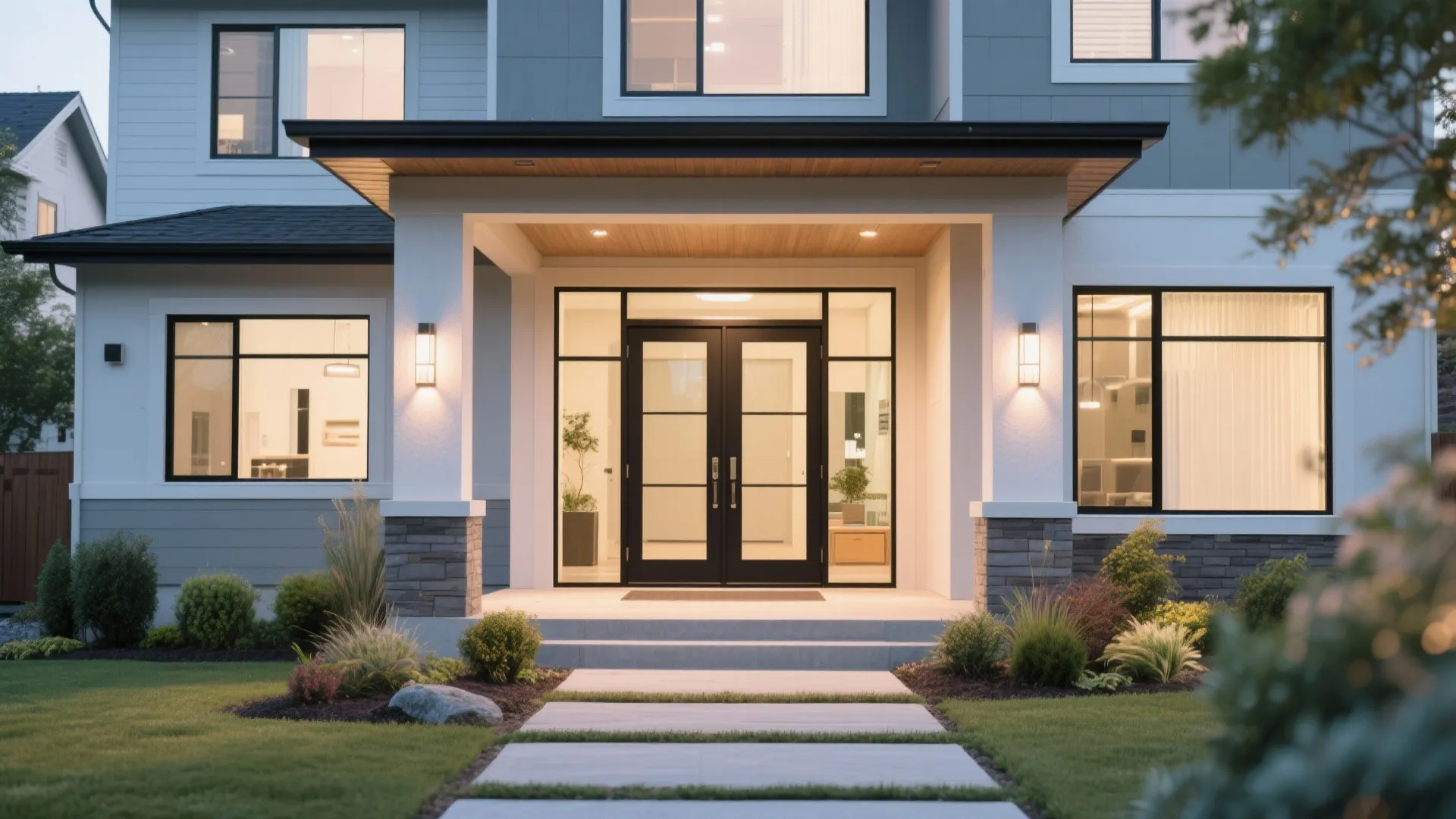 Modern expanded entryway with double glass doors