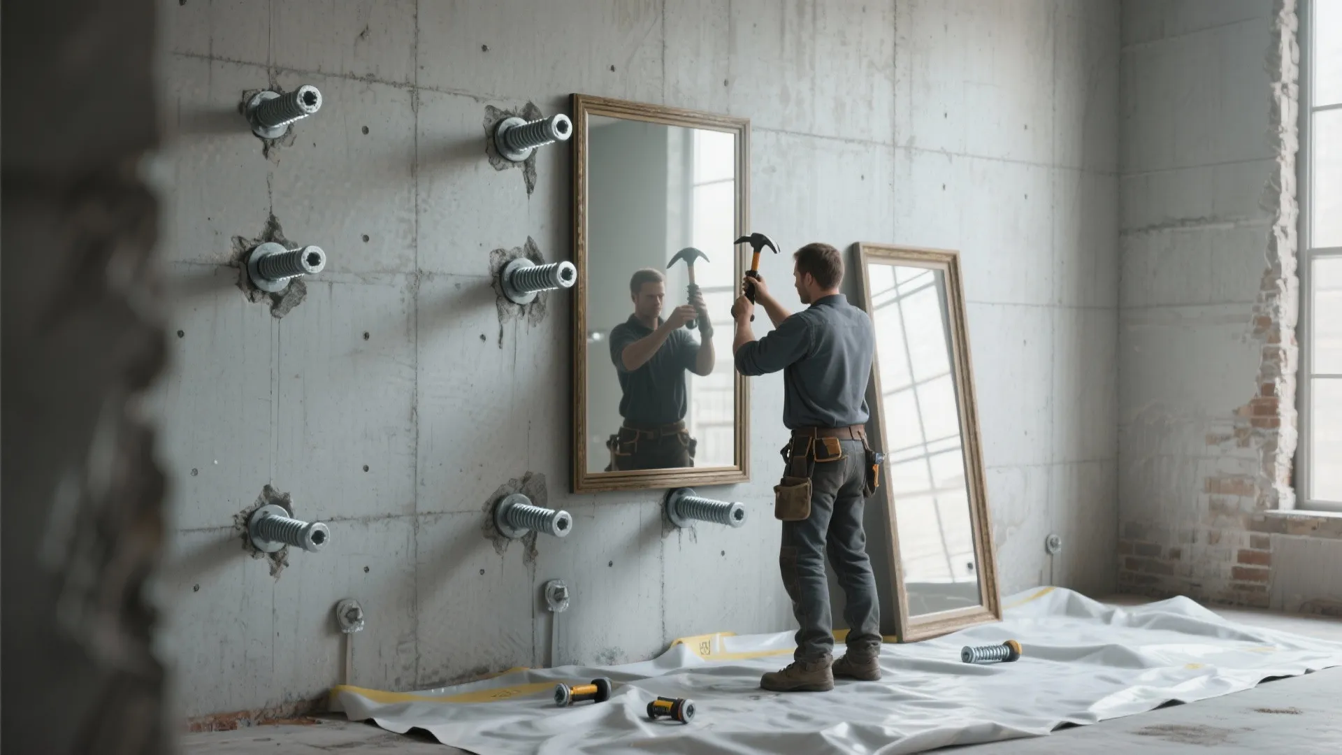 Worker using a hammer to install a large wall mirror onto a grey concrete interior wall