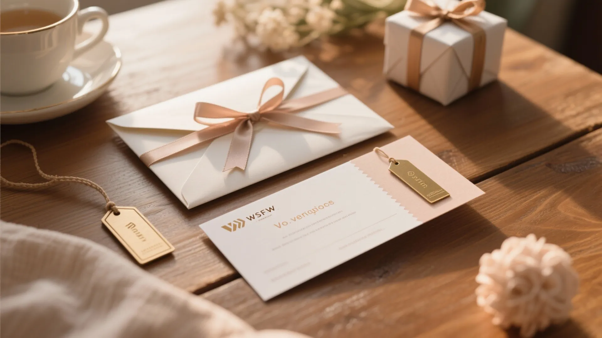 Elegant white envelope with ribbon and gold tag on wooden table with coffee and gift