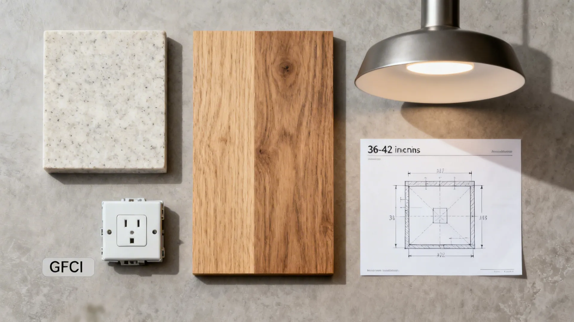Flat lay of quartz, wood, LED pendant element, outlet module, and a layout sketch.