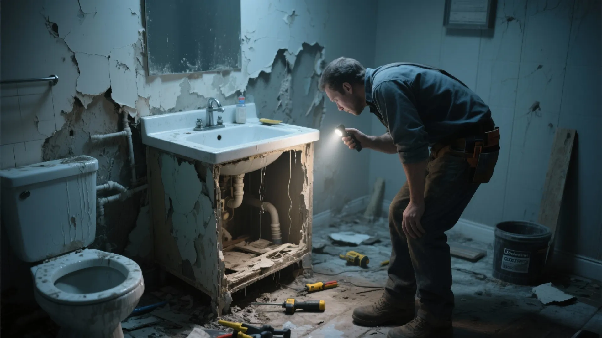 A repair man using a flashlight to inspect water pipe damage under a broken sink