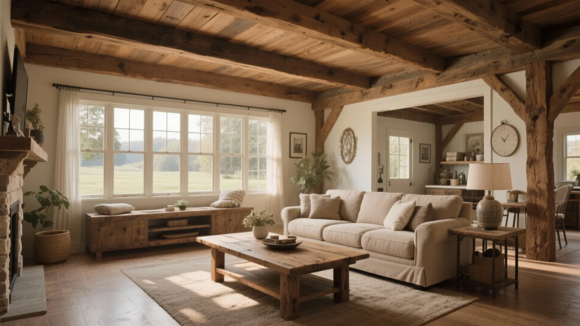 Farmhouse living room with exposed wooden beams