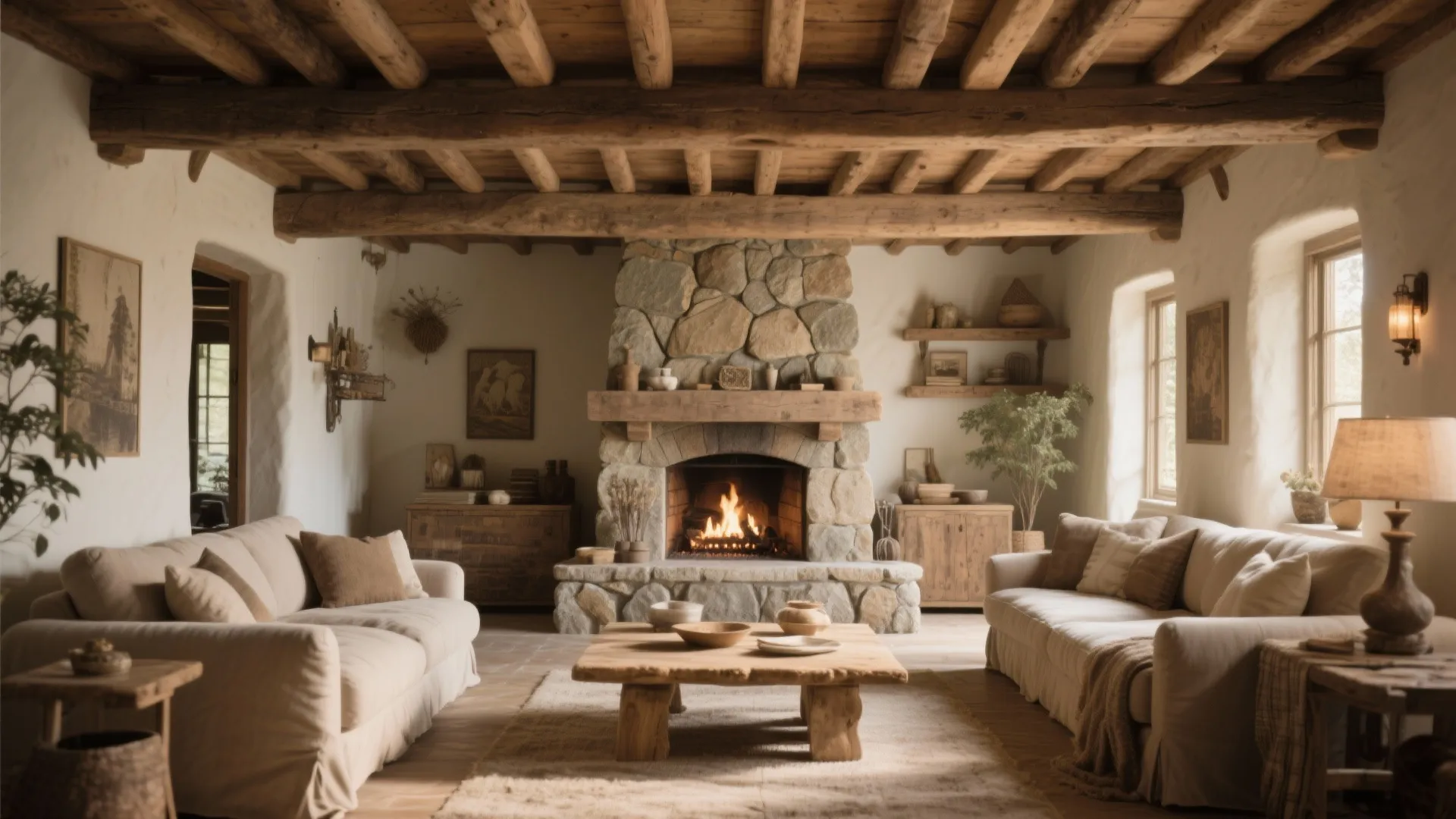 Rustic living room with stone fireplace wood ceiling beams two beige sofas and coffee table