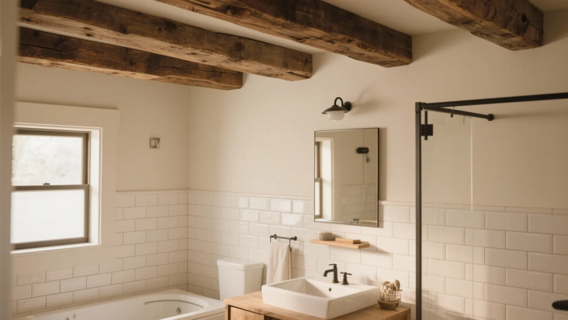 Rustic bathroom with wood ceiling beams white subway tiles mirror wall light and ceramic sink