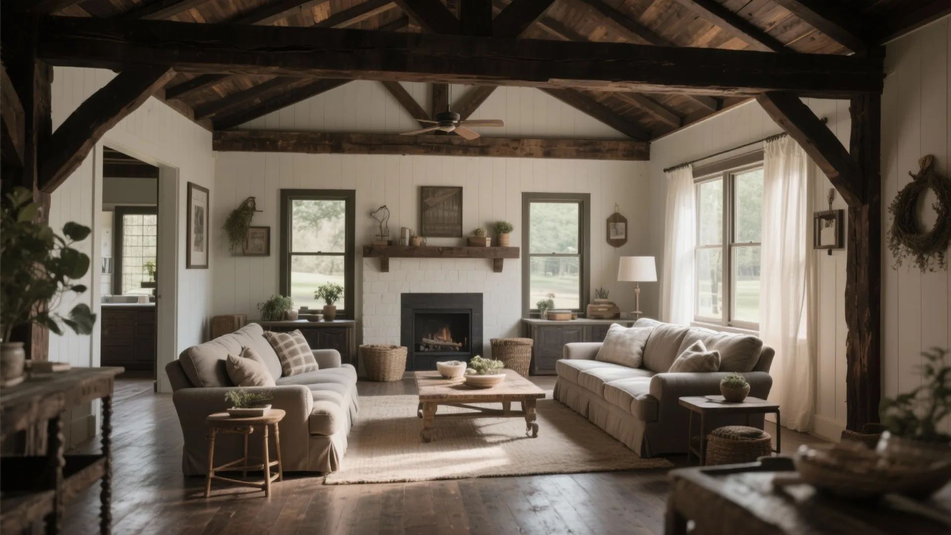 Rustic living room with dark-stained exposed ceiling beams