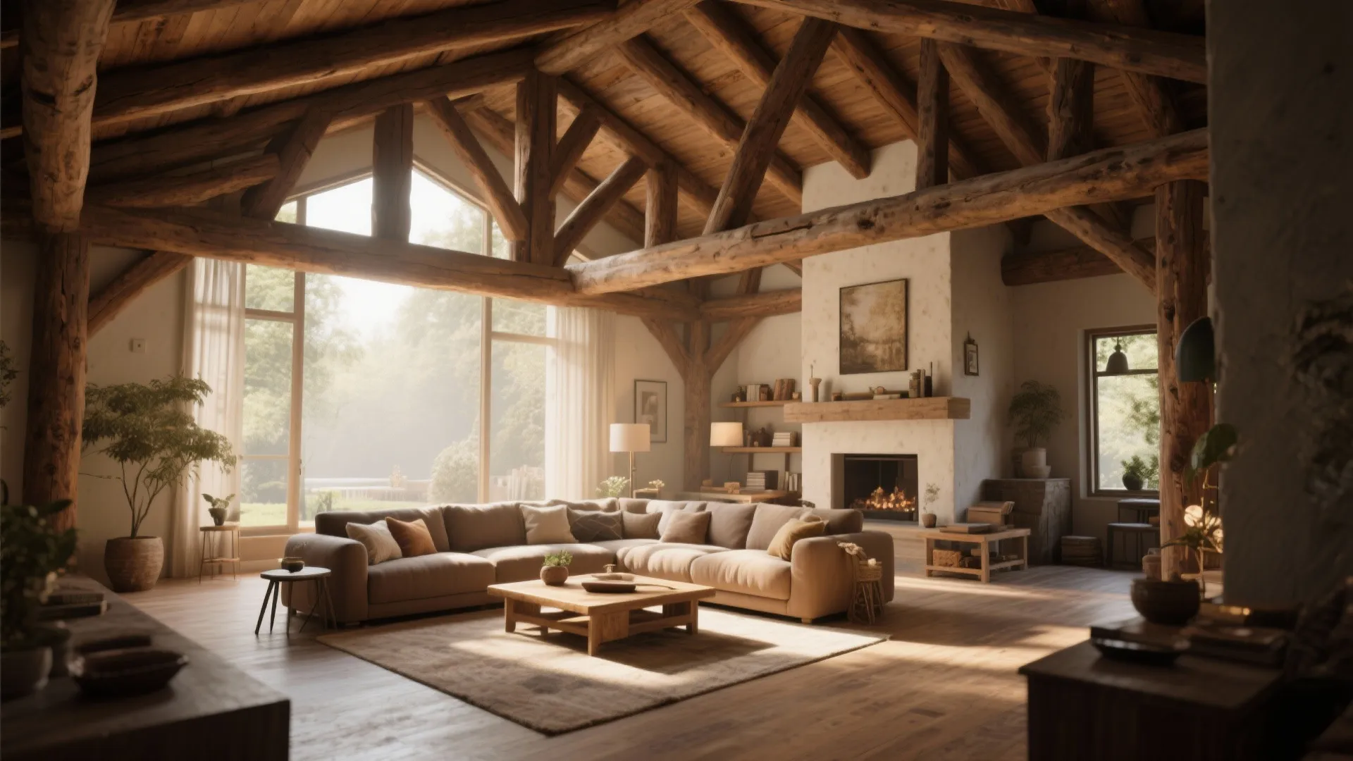 Rustic living room with exposed ceiling beams