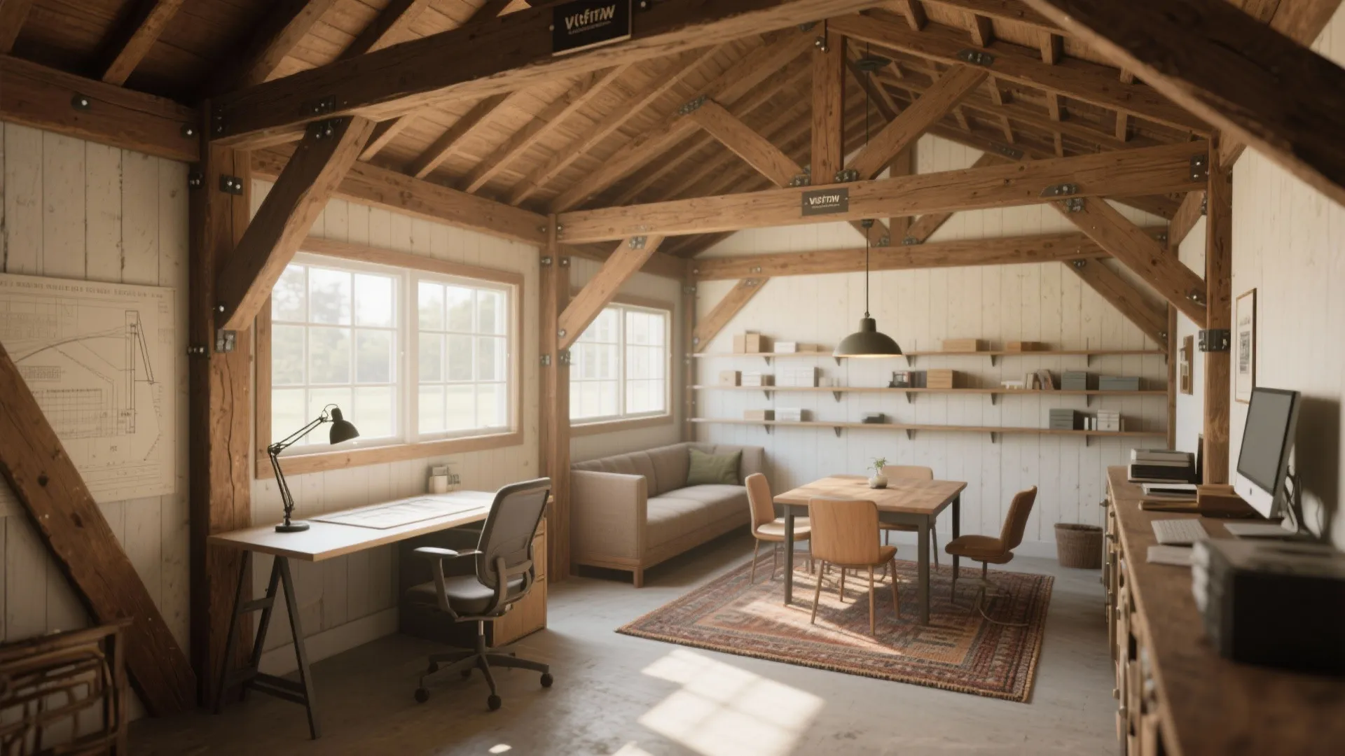 Rustic attic workspace with exposed wooden ceiling beams plus desk sofa and wood dining table