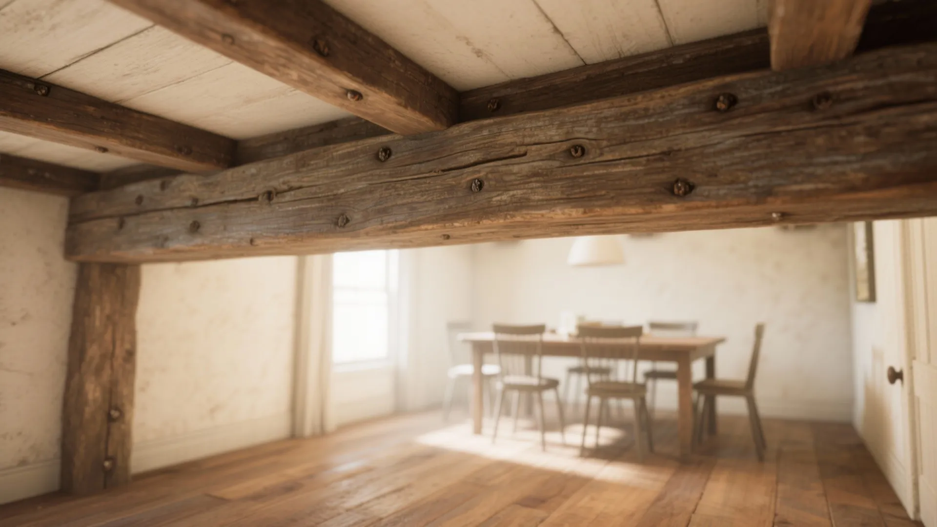 Close-up texture of an exposed reclaimed wood beam and wide-plank floor anchoring a rustic dining space.