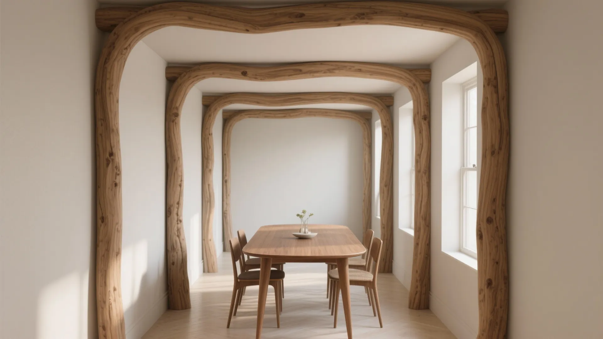Bright dining room with wooden table and chairs featuring unique curved wooden beam structures and windows
