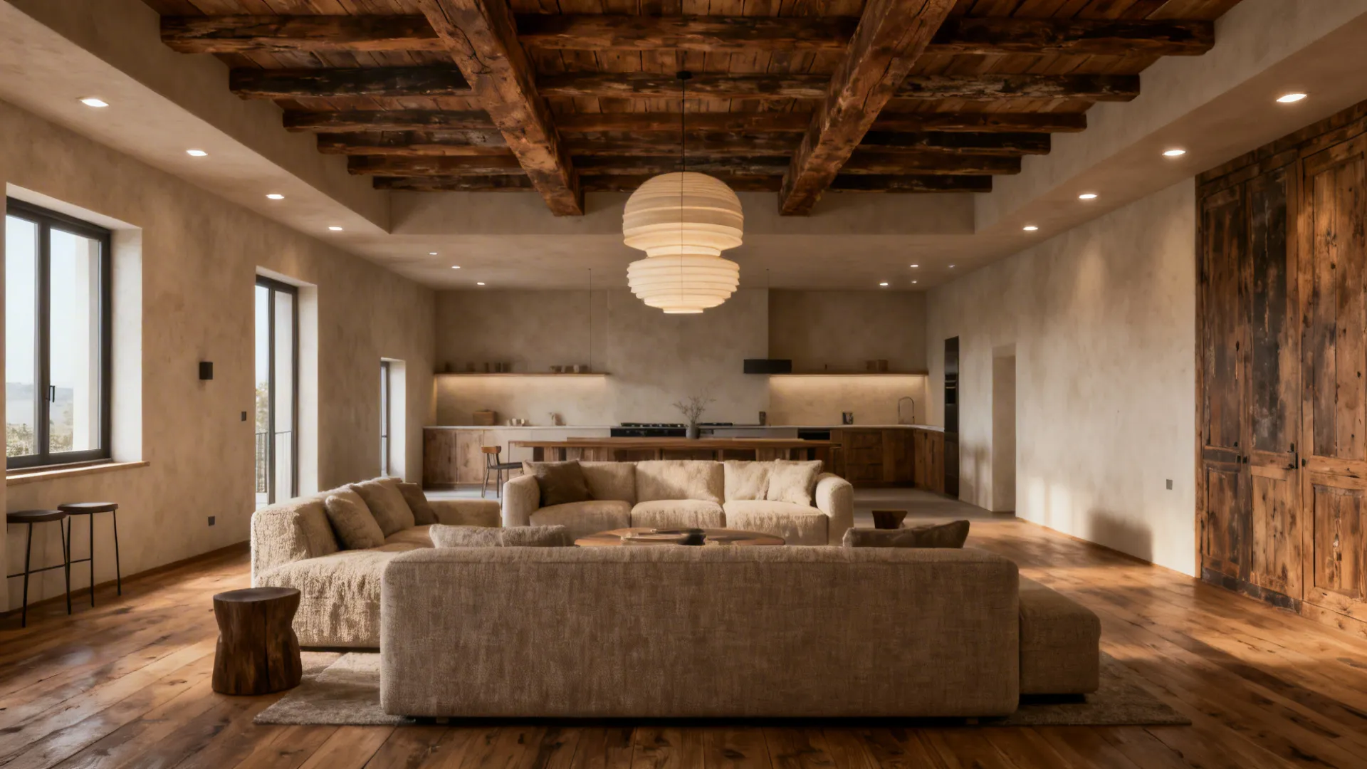 Open-plan living room featuring reclaimed oak exposed beams and warm layered lighting
