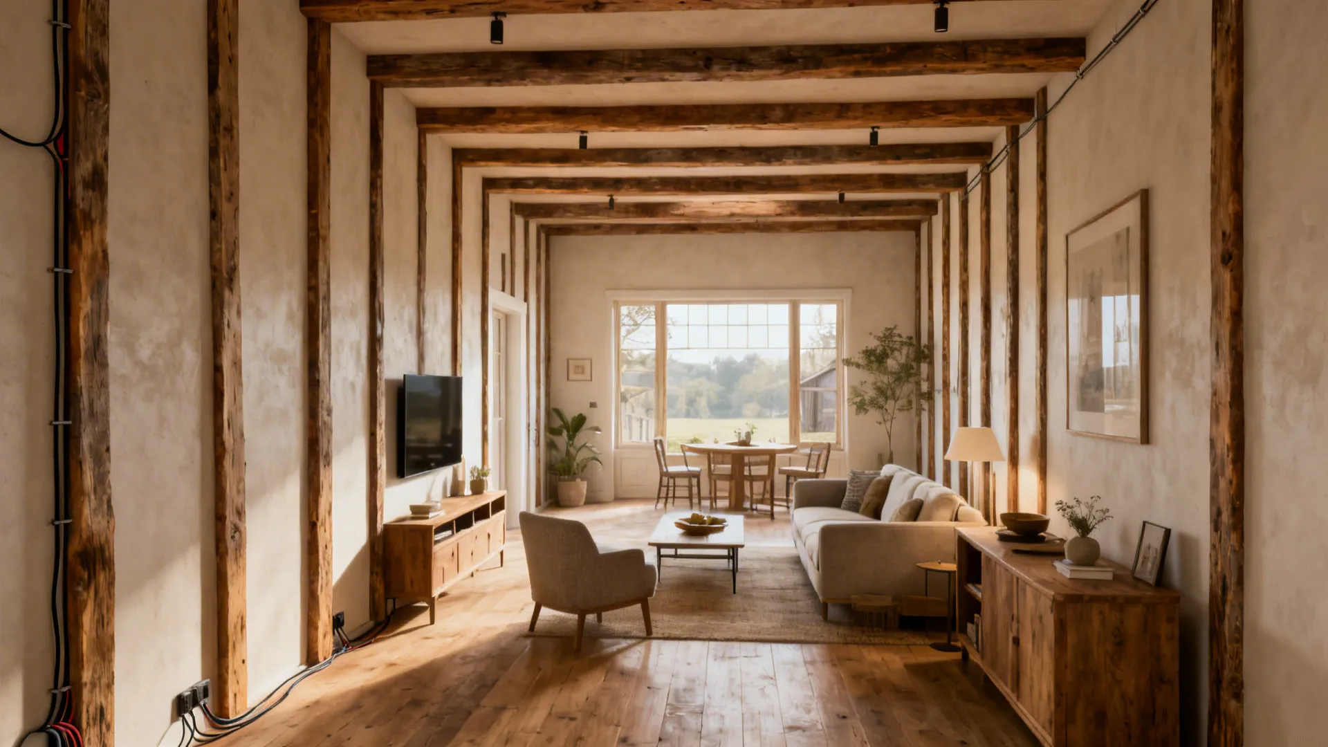 Narrow living room with slim reclaimed oak exposed beams drawing the eye upward