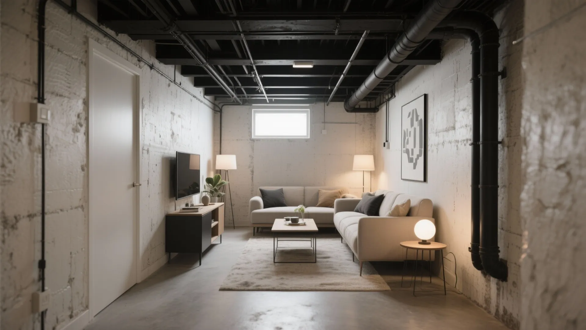 Industrial basement living area with black ceiling pipes white brick walls and two beige sofas