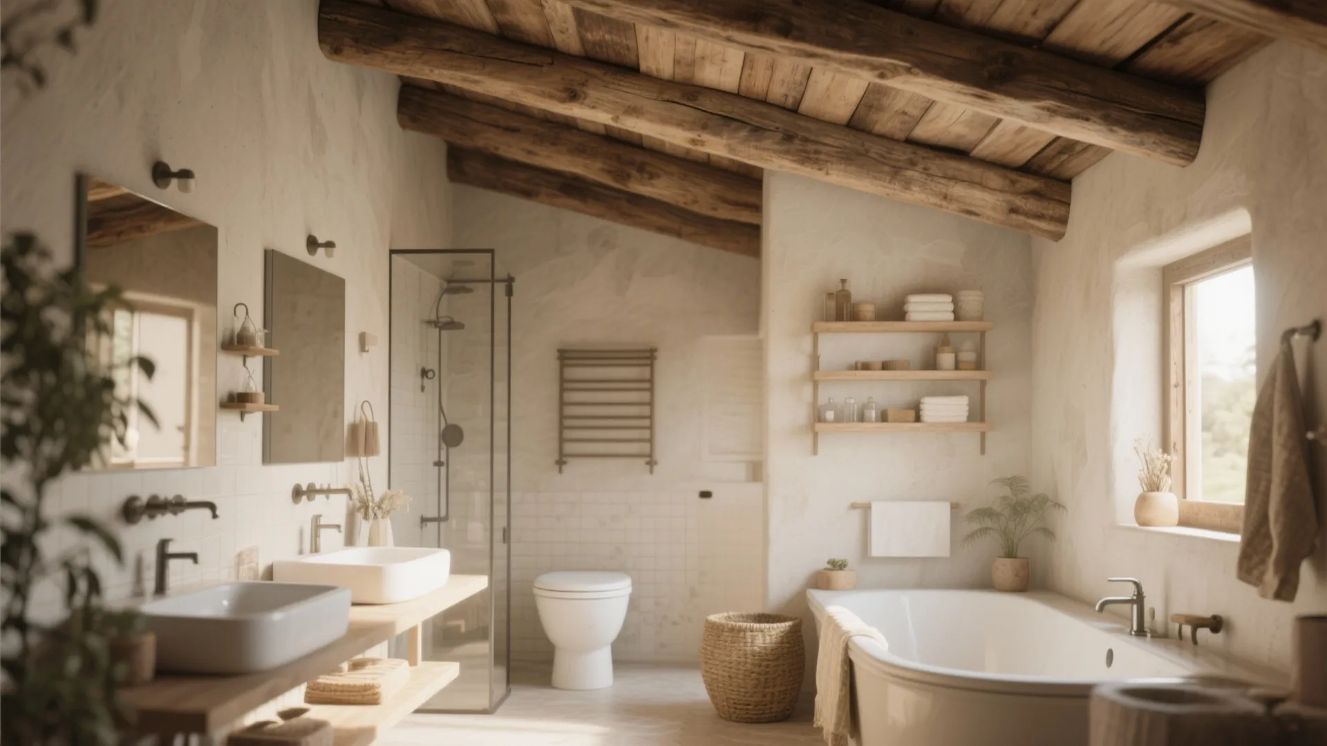 Rustic bathroom featuring exposed wooden ceiling beams, white bathtub, double sinks, and natural stone walls
