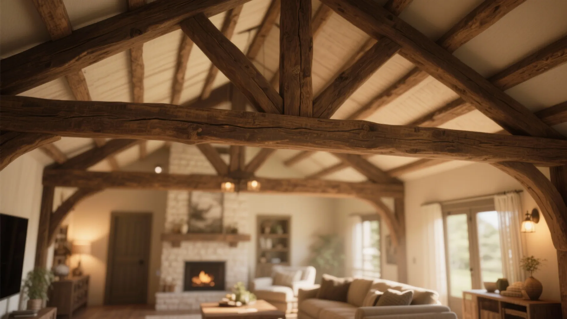 Close up of rustic dark wood ceiling beams in a brightly lit modern farmhouse interior
