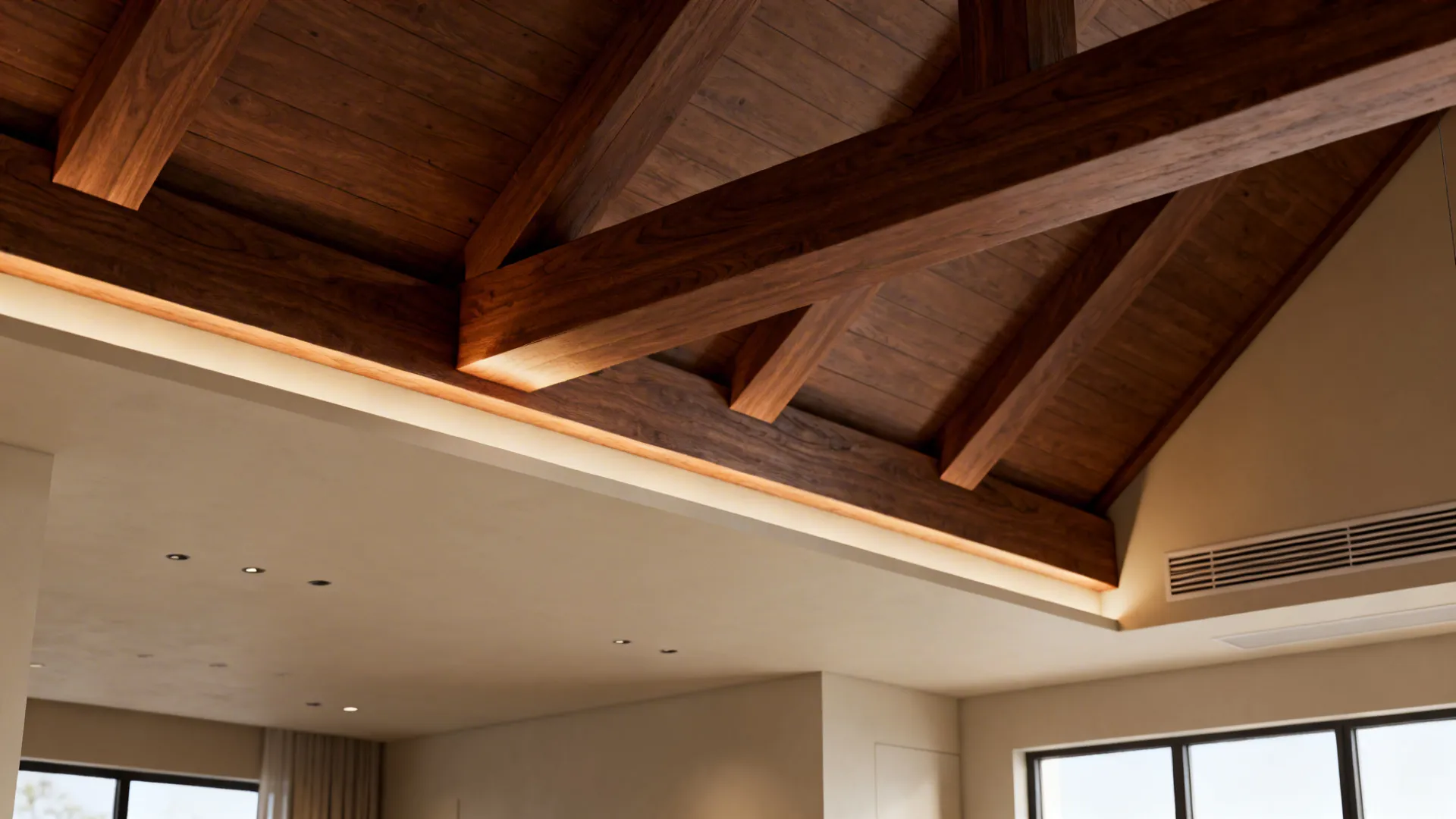 Dark wooden beams on a high ceiling with hidden lighting and simple neutral colored walls